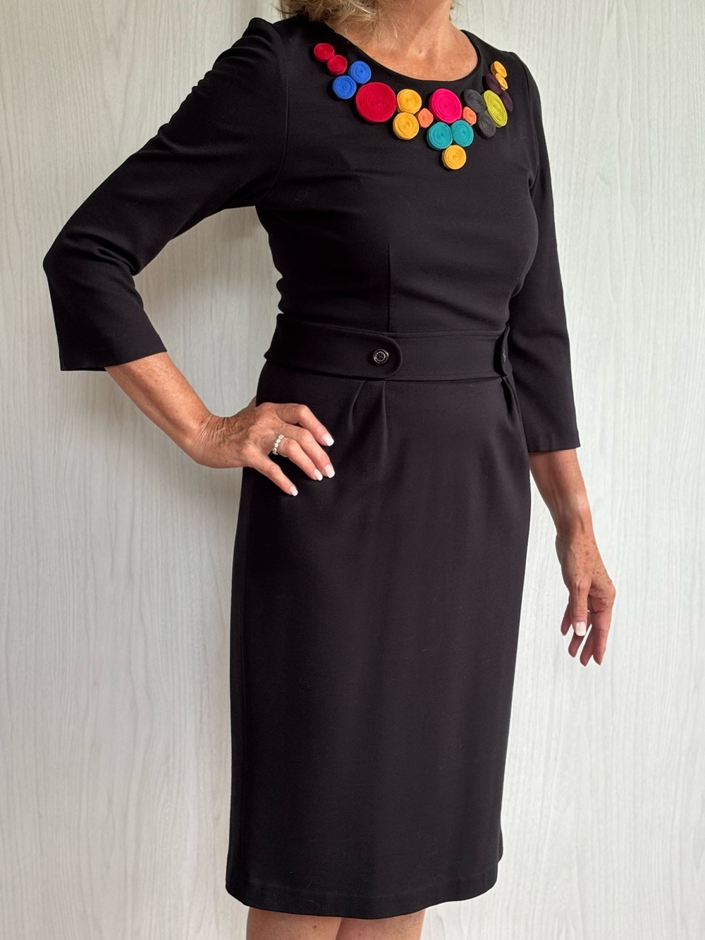 Black Sheath Dress with Colorful Rosette Neckline - Picture 2 of 5